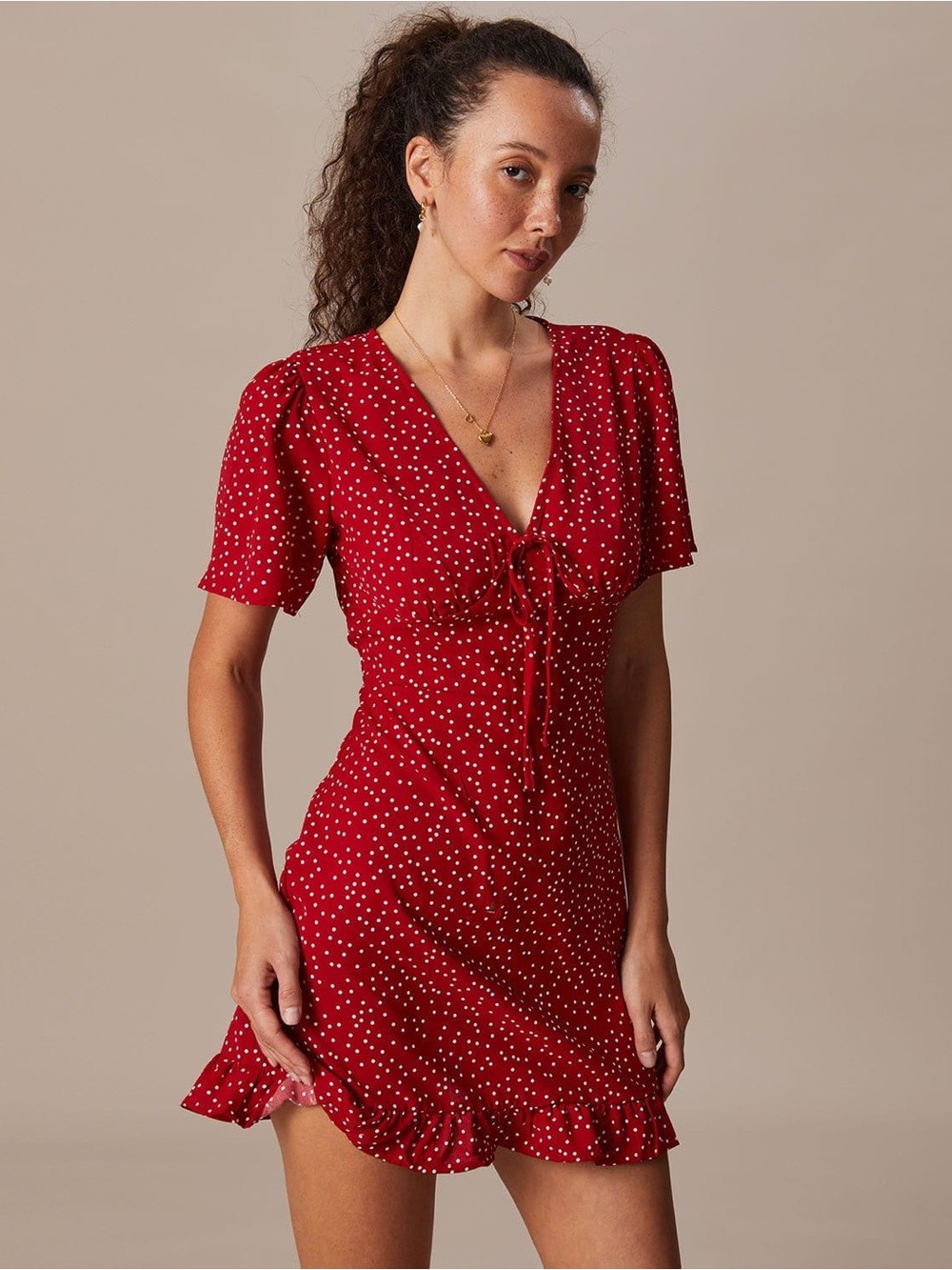 RIHOAS- The Red V Neck Polka Dot Flounce Mini Dress